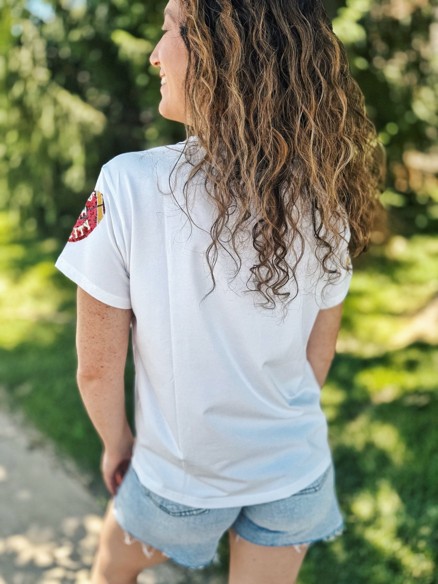 KC Scatter Football V Neck Tee - Queen of Sparkles x Amelia's Collab - Amelia's Boutique
