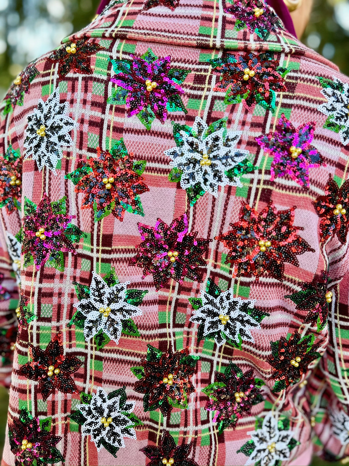 Queen of Sparkles Plaid Poinsettia Cardigan - Amelia's Boutique