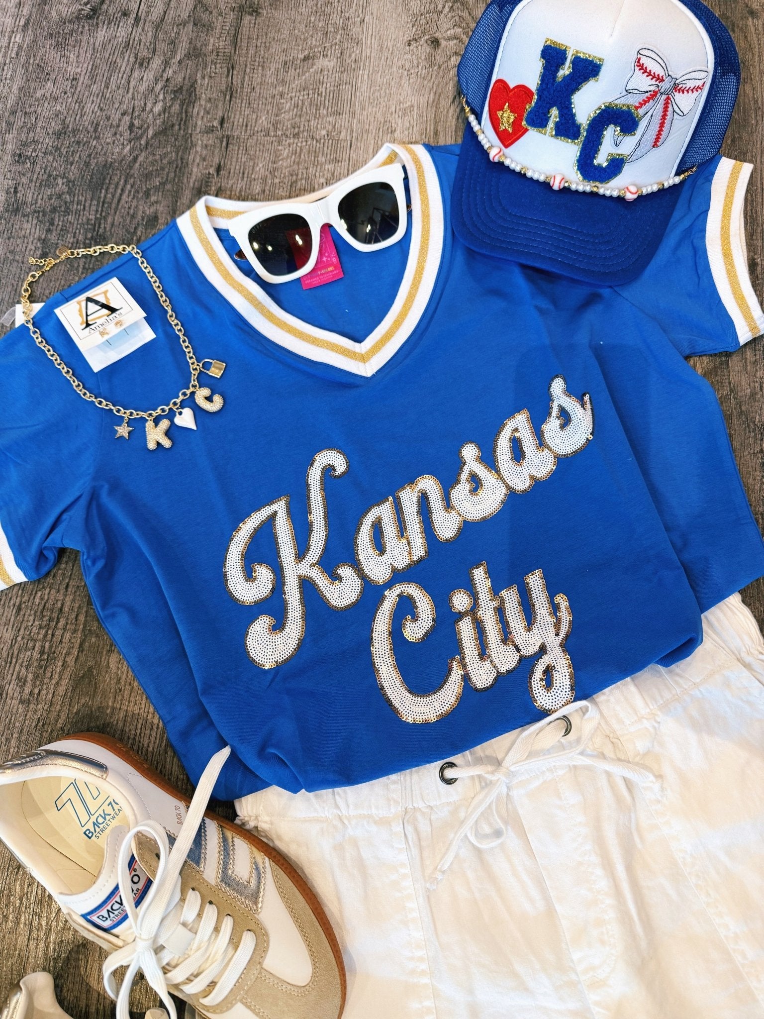 Queen of Sparkles Custom Kansas City Script Tee in Blue - Amelia's Boutique