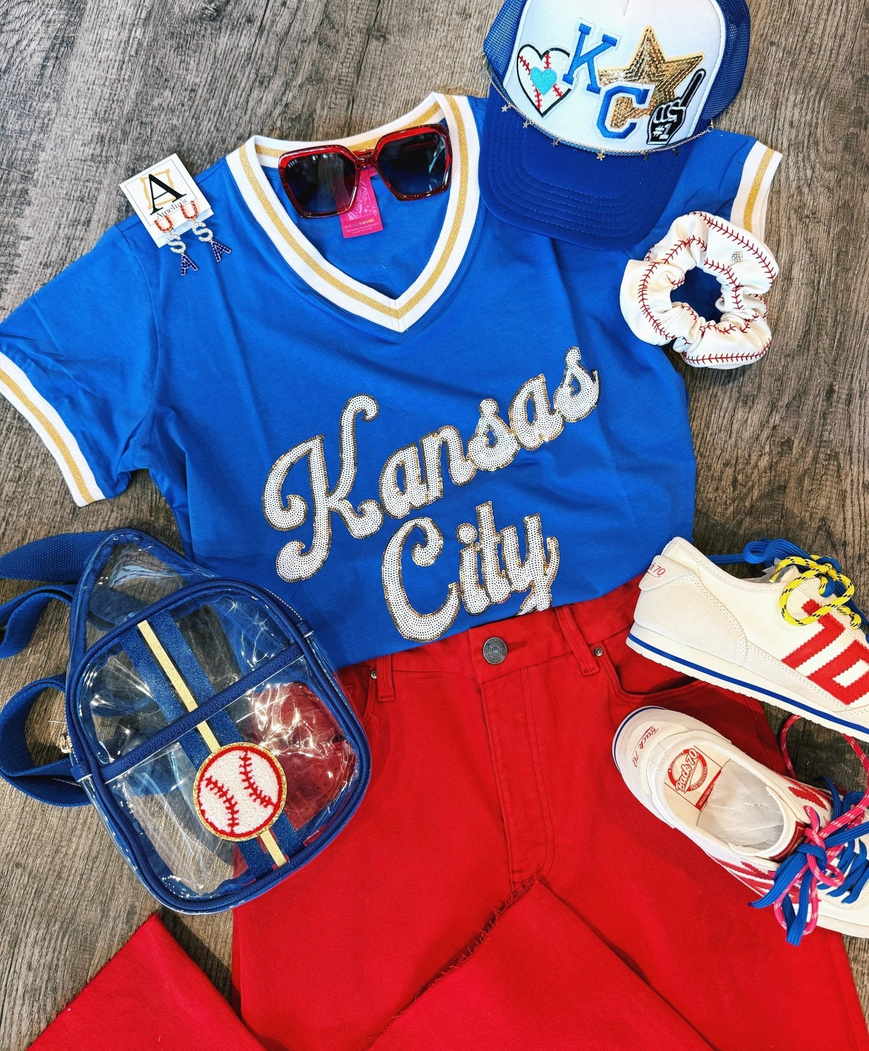 Queen of Sparkles Custom Kansas City Script Tee in Blue - Amelia's Boutique