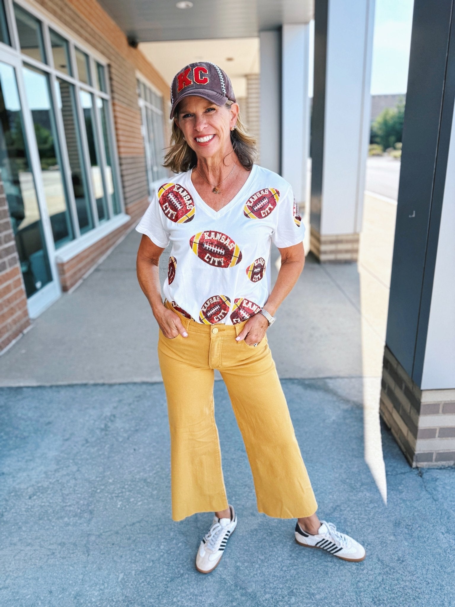 KC Scatter Football V Neck Tee - Queen of Sparkles x Amelia's Collab - Amelia's Boutique