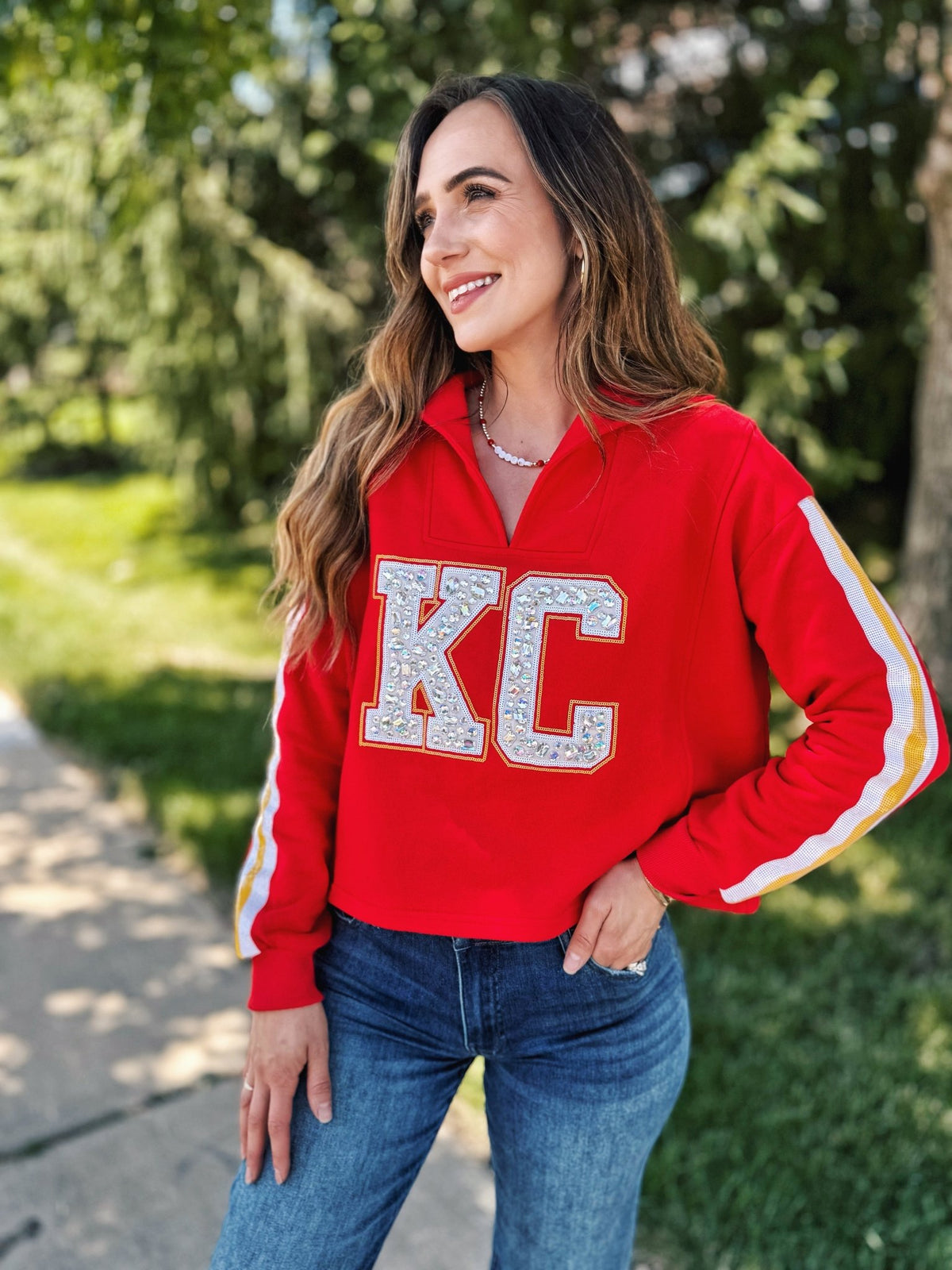 Gem KC V Neck Sweatshirt - Queen of Sparkles x Amelia's Boutique - Amelia's Boutique