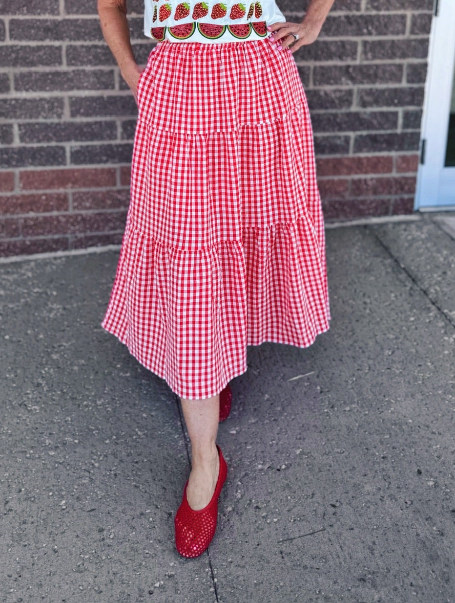 Women’s Red Gingham Elastic Waist Skirt