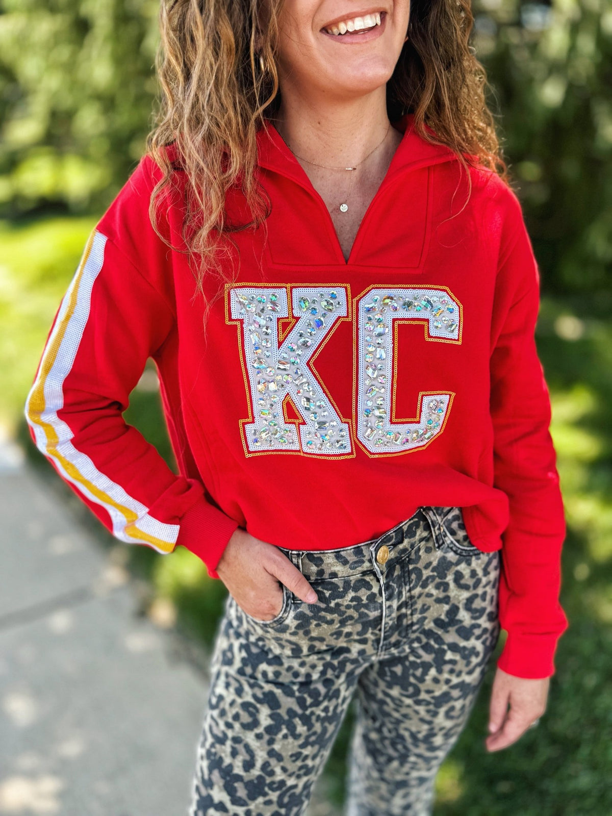 Gem KC V Neck Sweatshirt - Queen of Sparkles x Amelia's Boutique - Amelia's Boutique