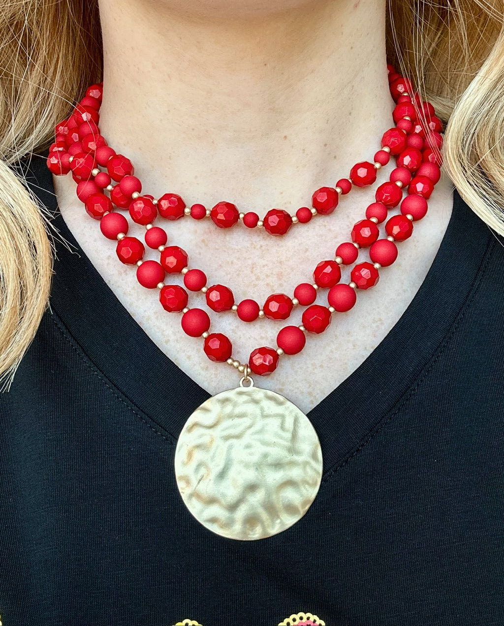 Red Multi Strand Beaded Necklace with Gold Medallion