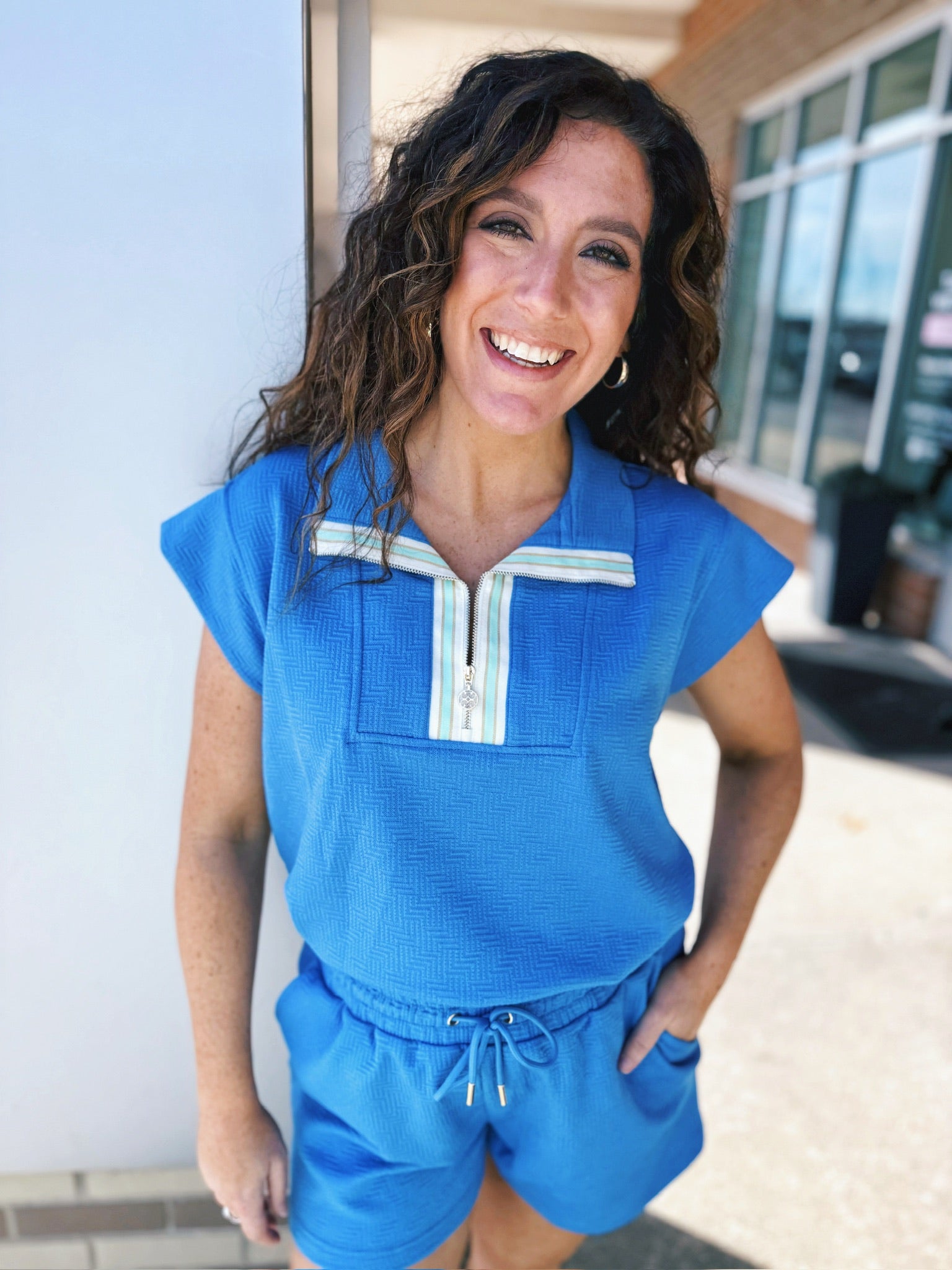 Varsity Stripe “On The Go” Women’s Outfit Shorts Set in Blue