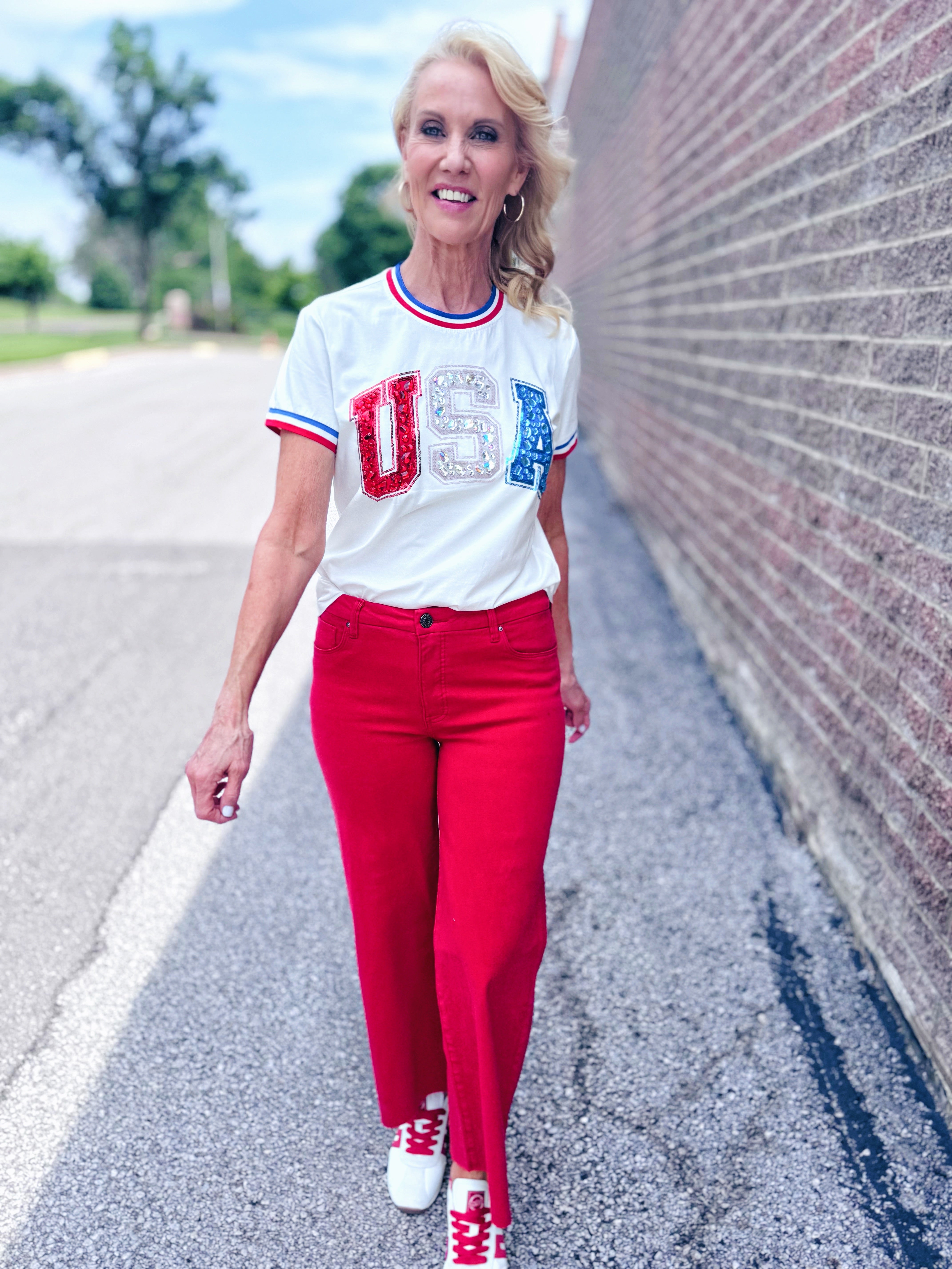 Queen of Sparkles x Amelia’s Boutique USA Sport Stripe Women’s Tee