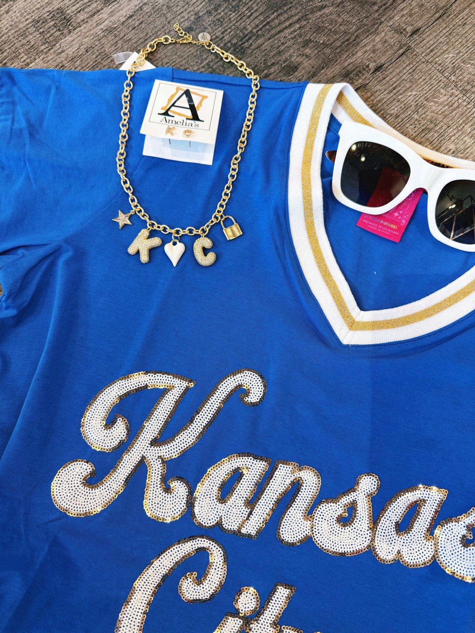 Queen of Sparkles Custom Kansas City Script Tee in Blue - Amelia's Boutique