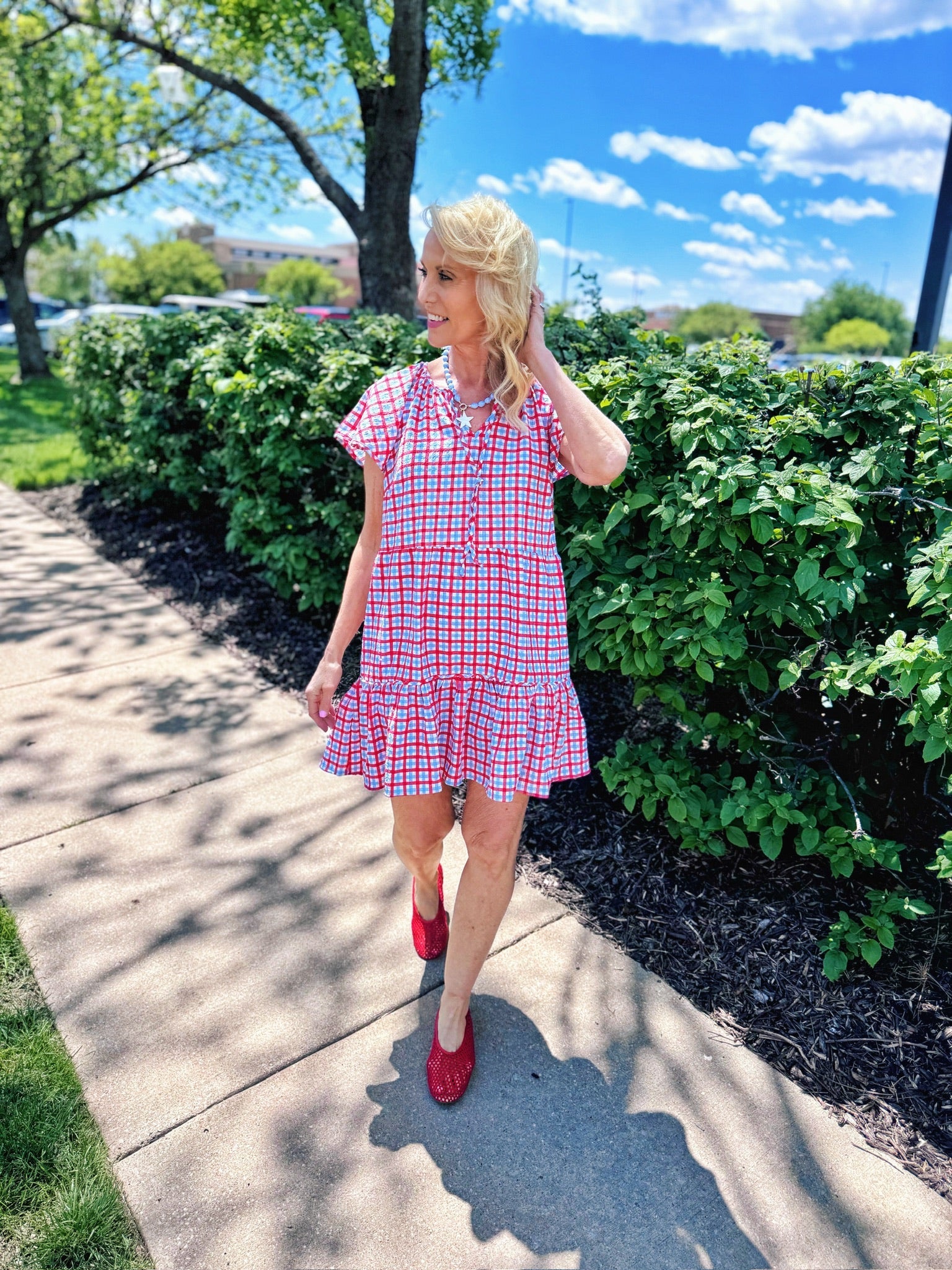 Women’s Gingham Dress in Blue and Red - Amelia's Boutique