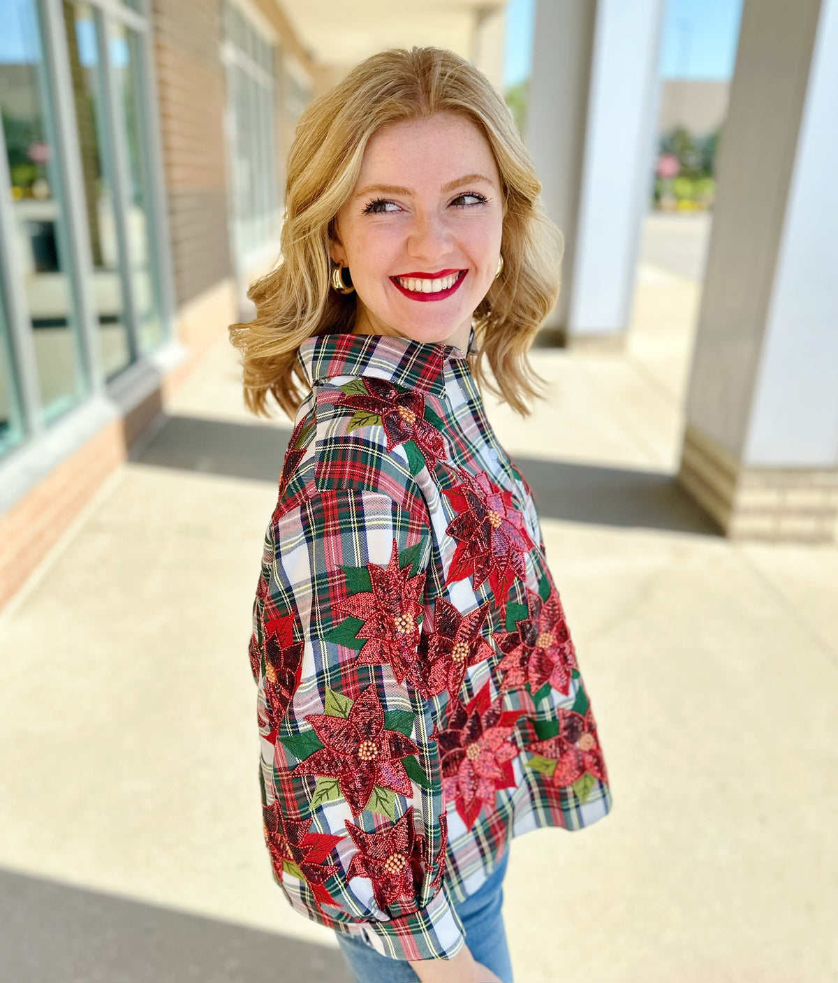 Queen of Sparkles Holiday Plaid and Poinsettia Button Up - Amelia's Boutique