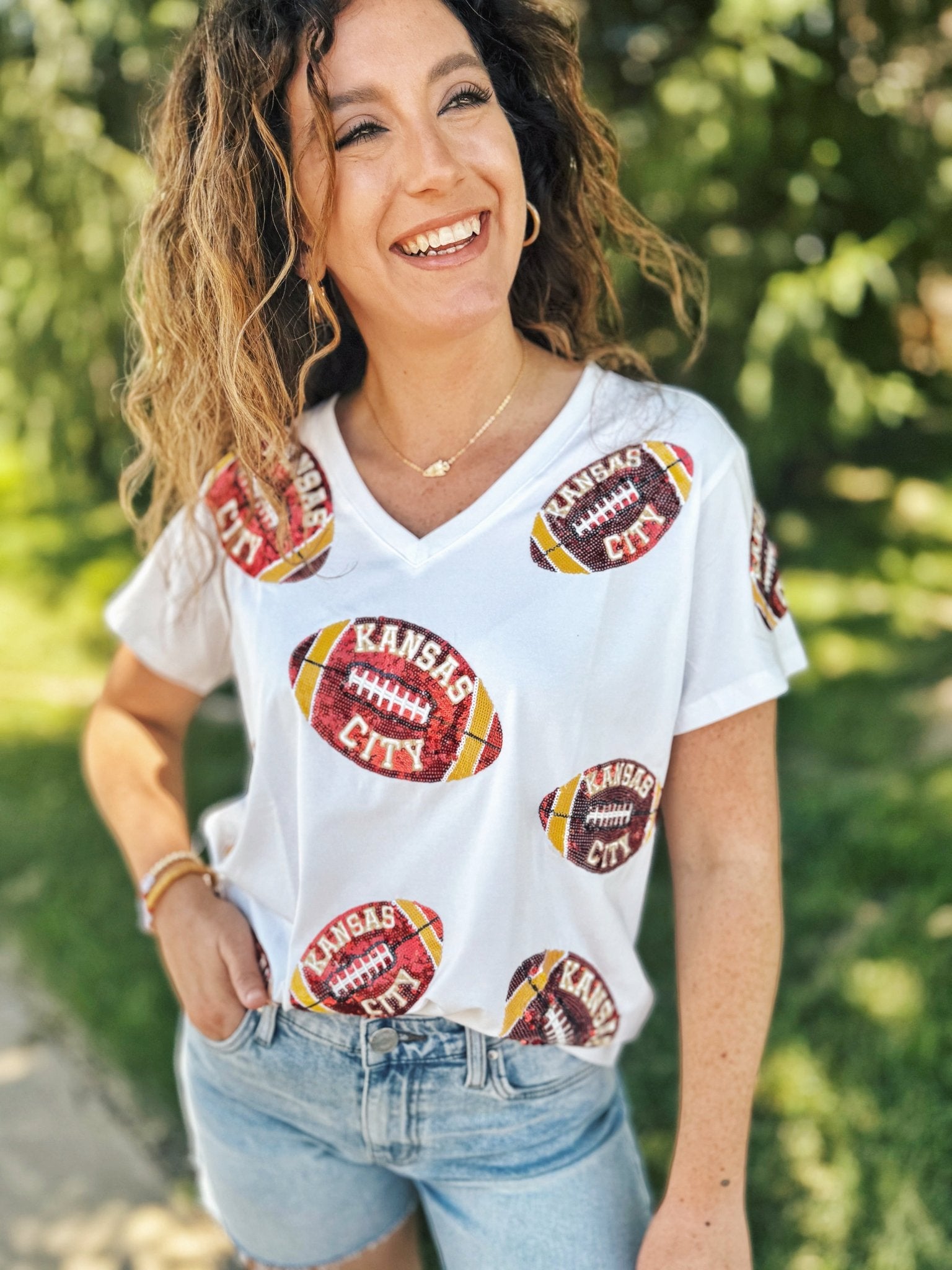 KC Scatter Football V Neck Tee - Queen of Sparkles x Amelia's Collab - Amelia's Boutique