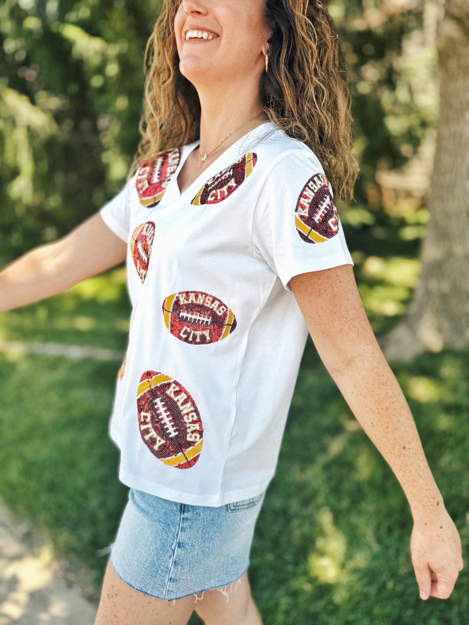 KC Scatter Football V Neck Tee - Queen of Sparkles x Amelia's Collab - Amelia's Boutique