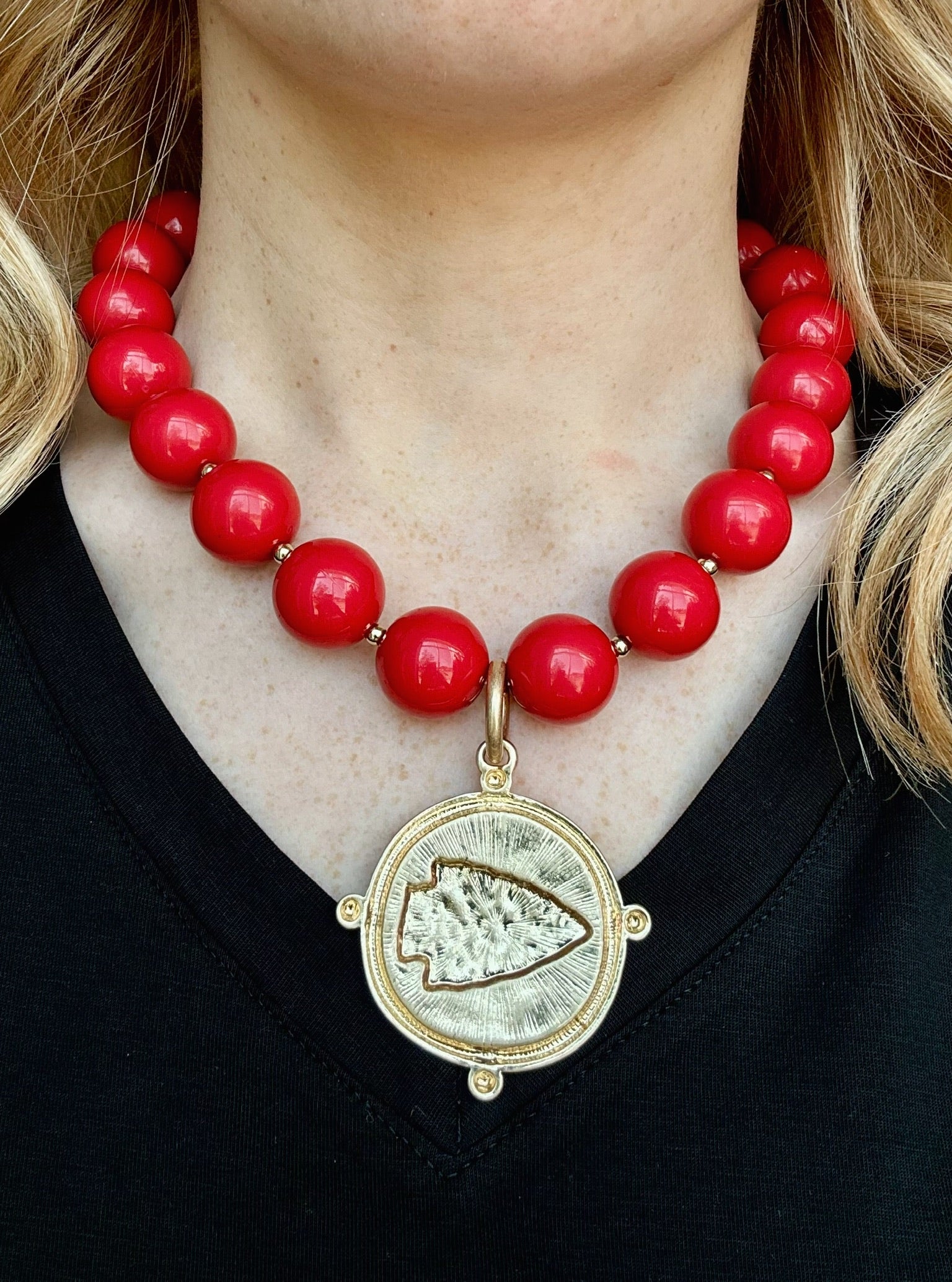 Amelia’s Custom Large Red Bead with Arrowhead Medallion Necklace