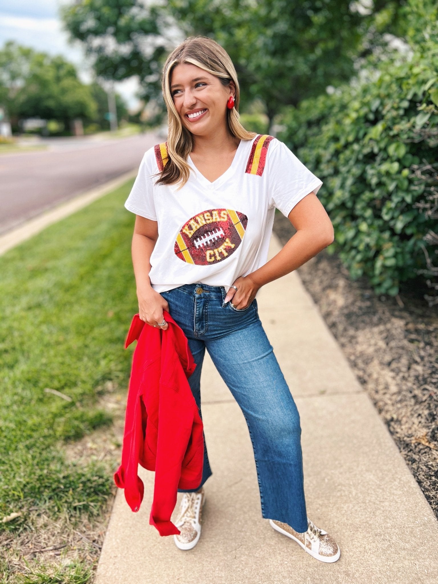 V Neck Football Jersey Tee - Queen of Sparkles x Amelia's Collab - Amelia's Boutique