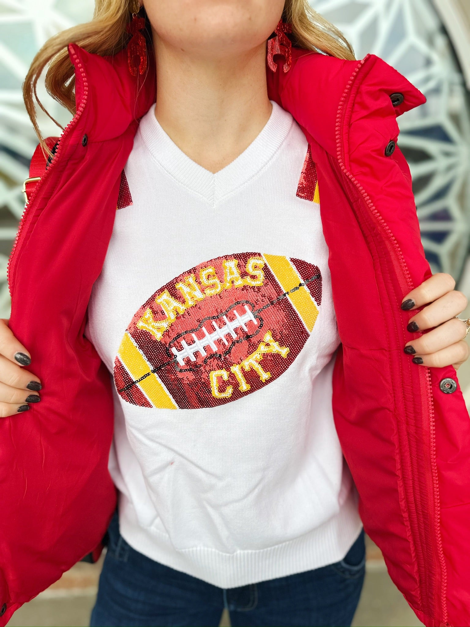 Kansas City Football V Neck Sweater - Queen of Sparkles x Amelia's Collab