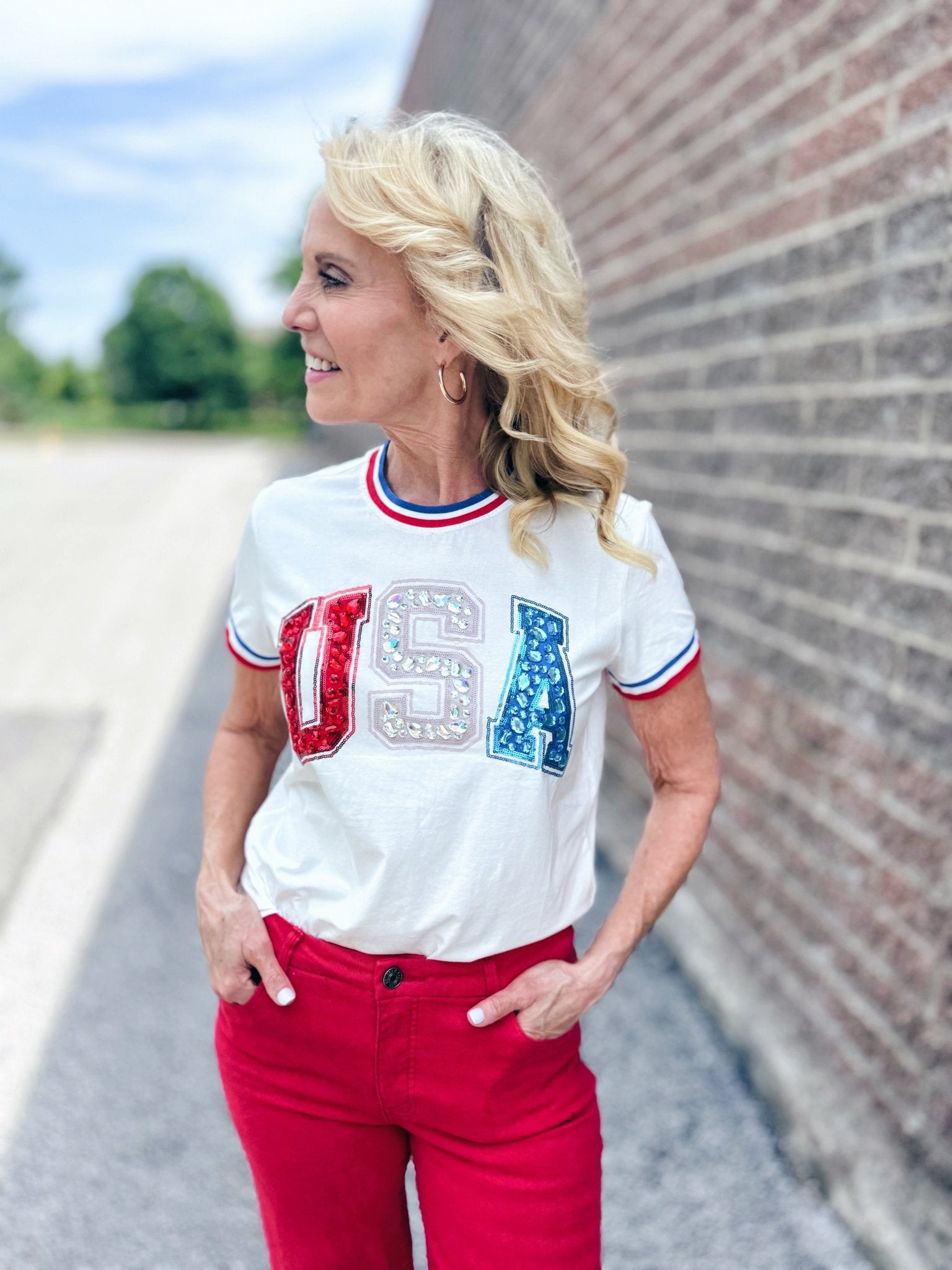 Queen of Sparkles x Amelia’s Boutique USA Sport Stripe Women’s Tee - Amelia's Boutique