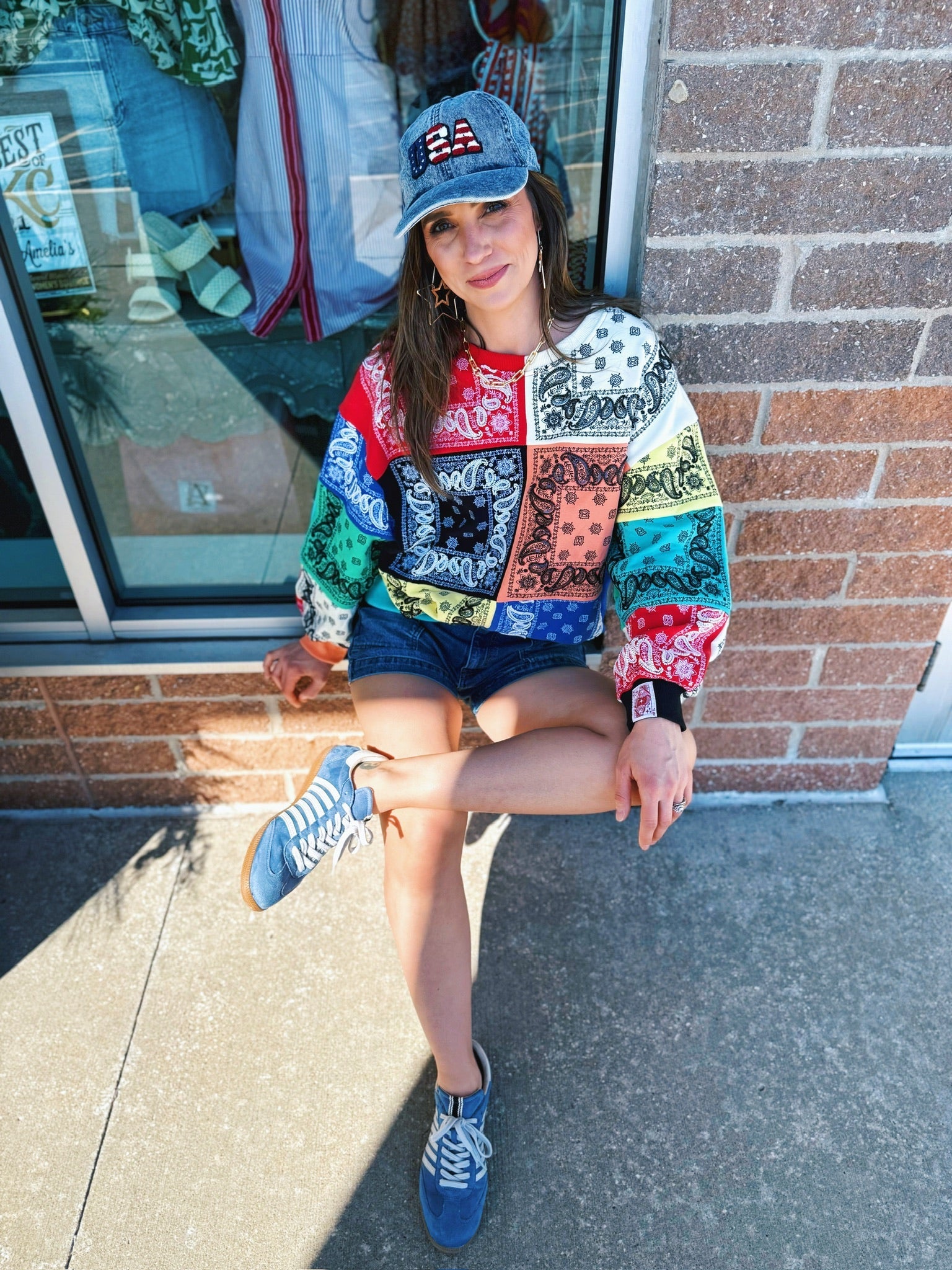 Queen of Sparkles Bandana Checkered & Beaded Women’s Sweatshirt - Amelia's Boutique