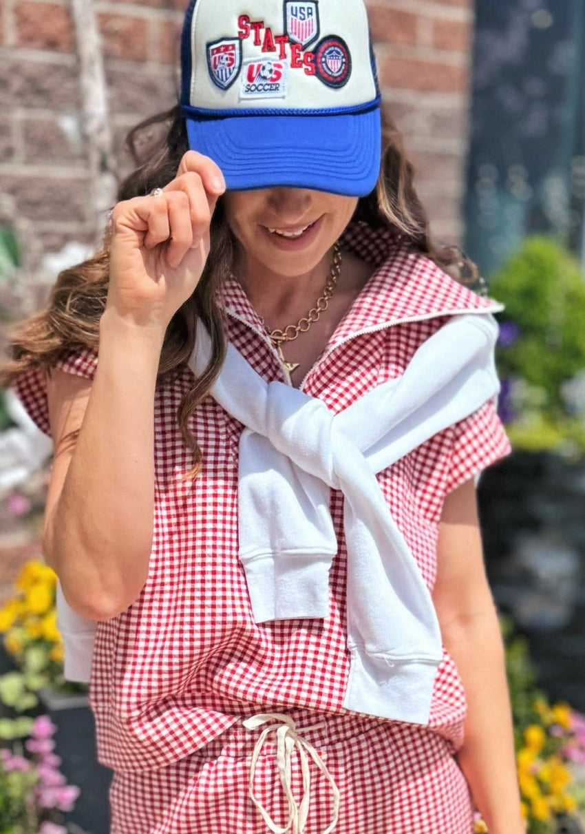 Ponte Stretch Half Zip Women’s Top in Red Gingham