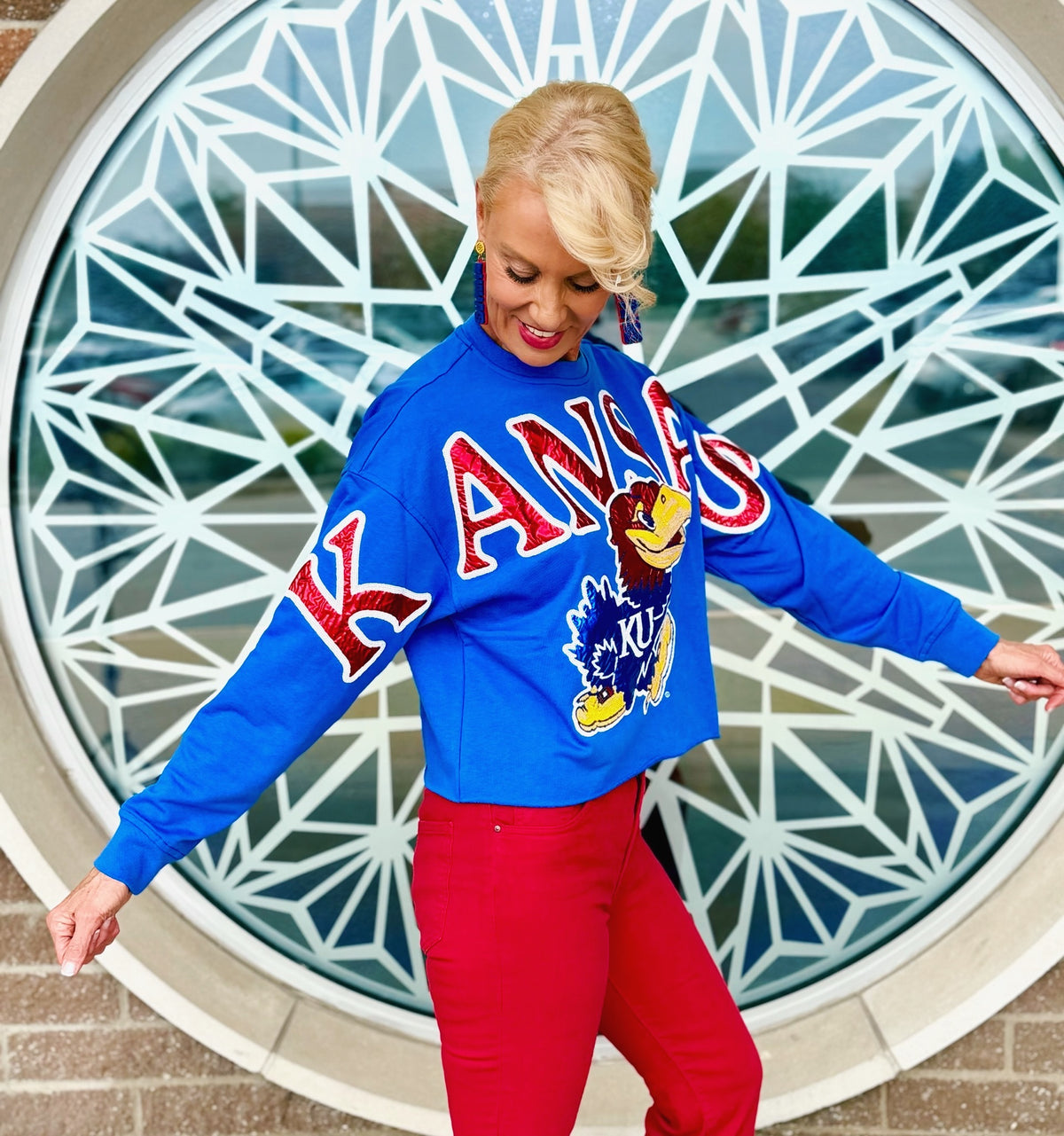 Licensed Kansas (KU) Metallic Foil & Sequin Sweatshirt - Amelia's Boutique