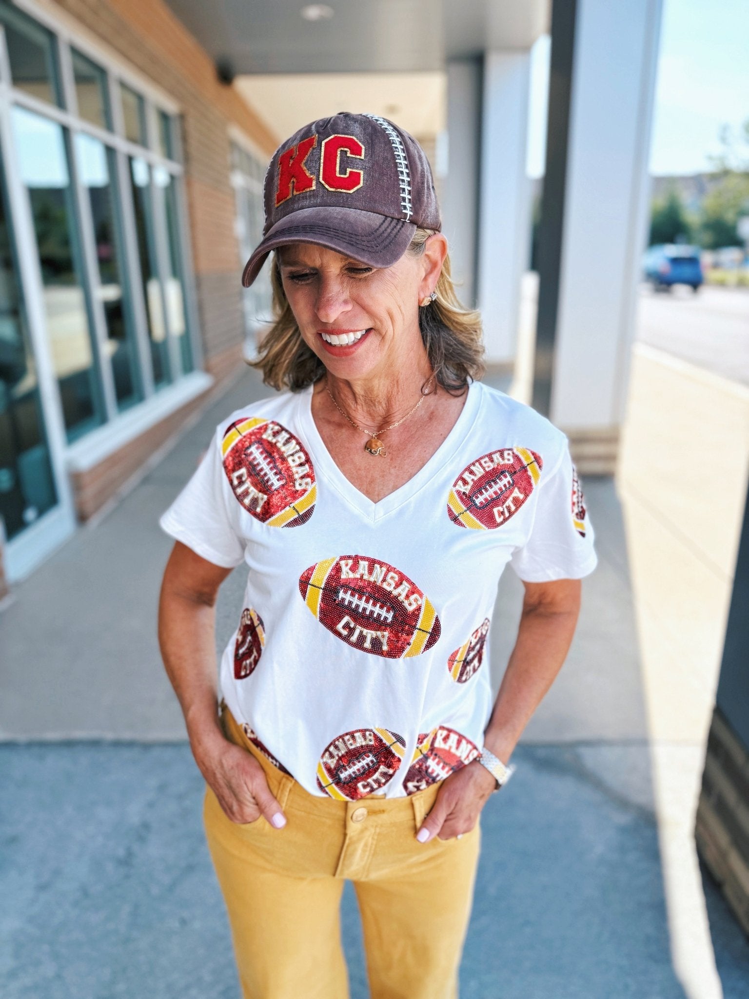 KC Scatter Football V Neck Tee - Queen of Sparkles x Amelia's Collab - Amelia's Boutique