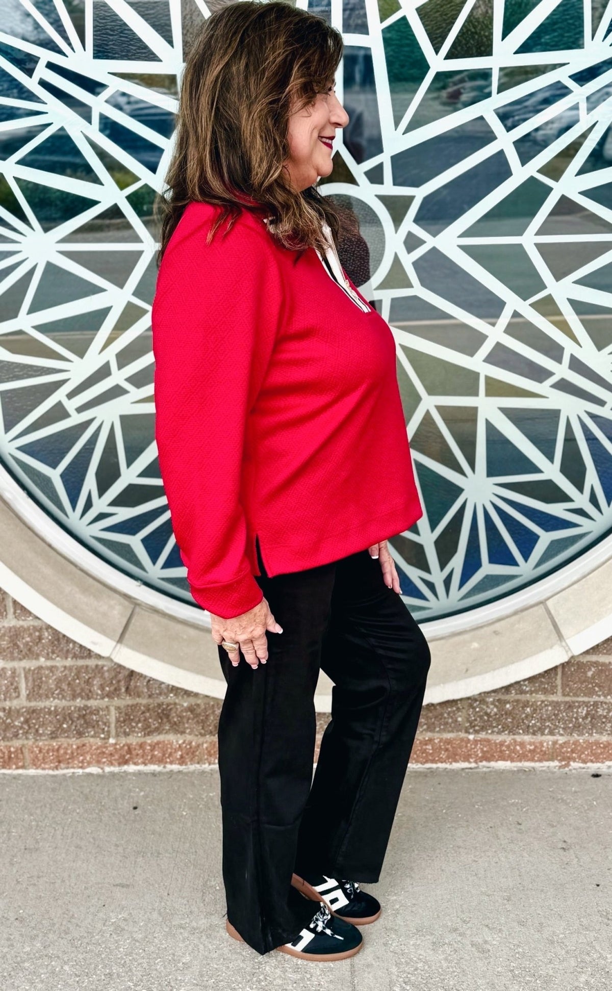 Half Zip Red Textured Long Sleeve Top - Amelia's Boutique