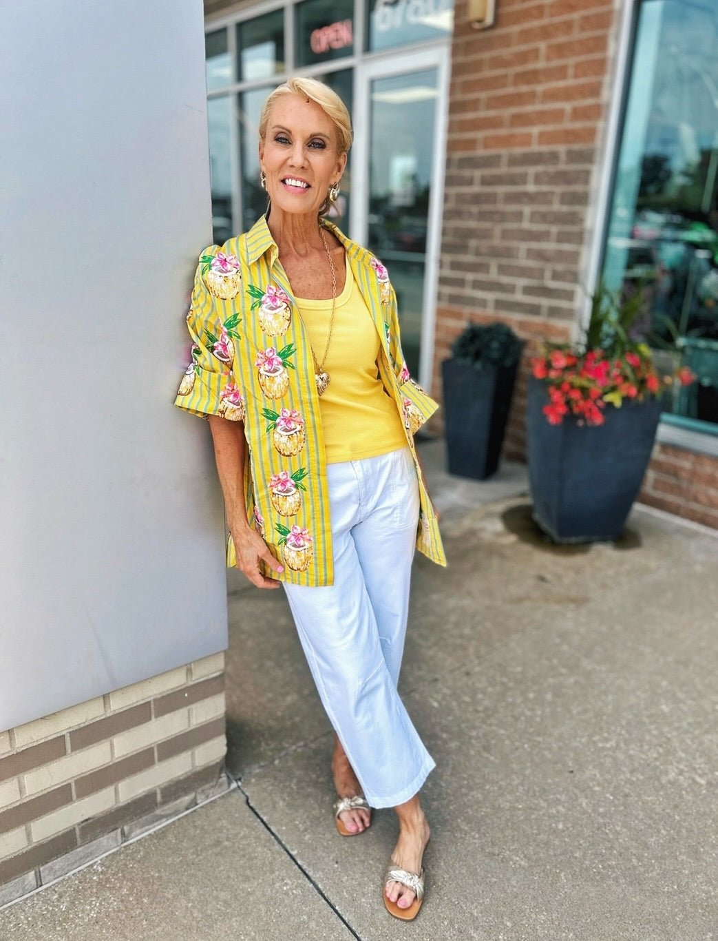 Queen of Sparkles Pina Colada Oversized Button Up - Amelia's Boutique