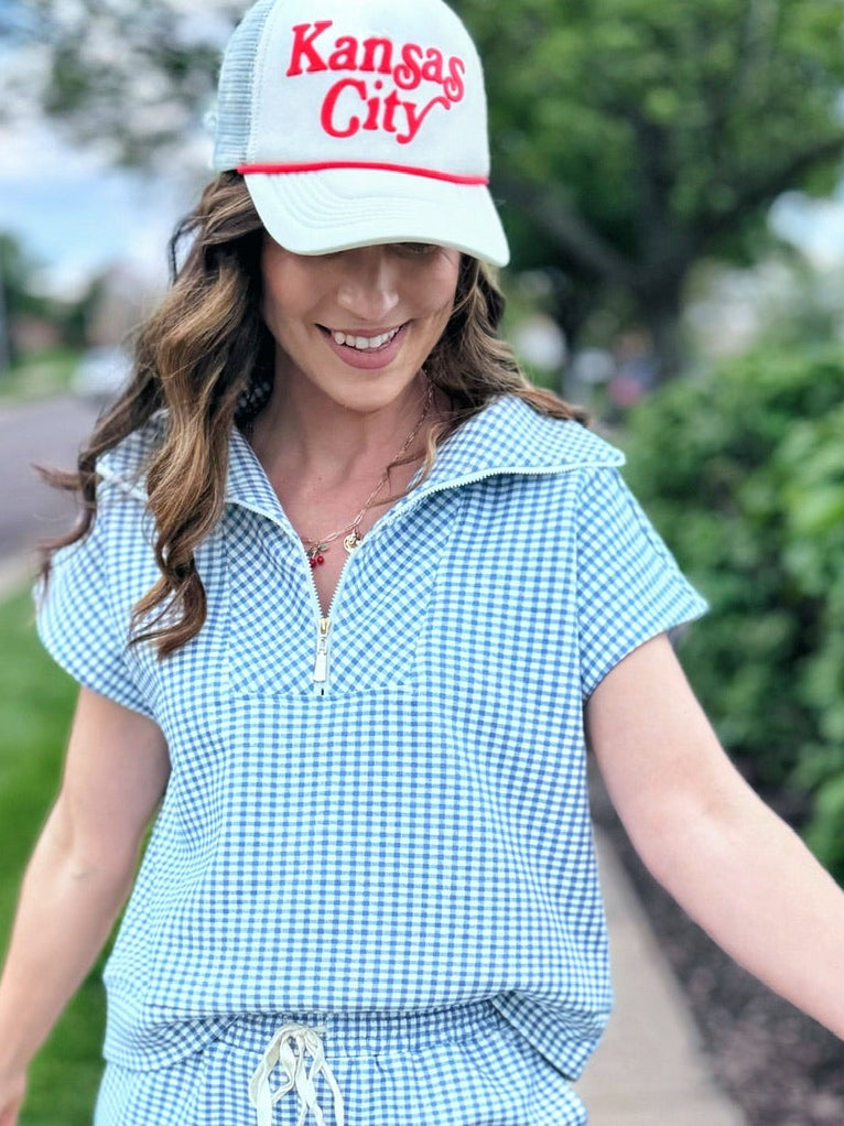 Ponte Stretch Half Zip Women’s Top in Blue Gingham
