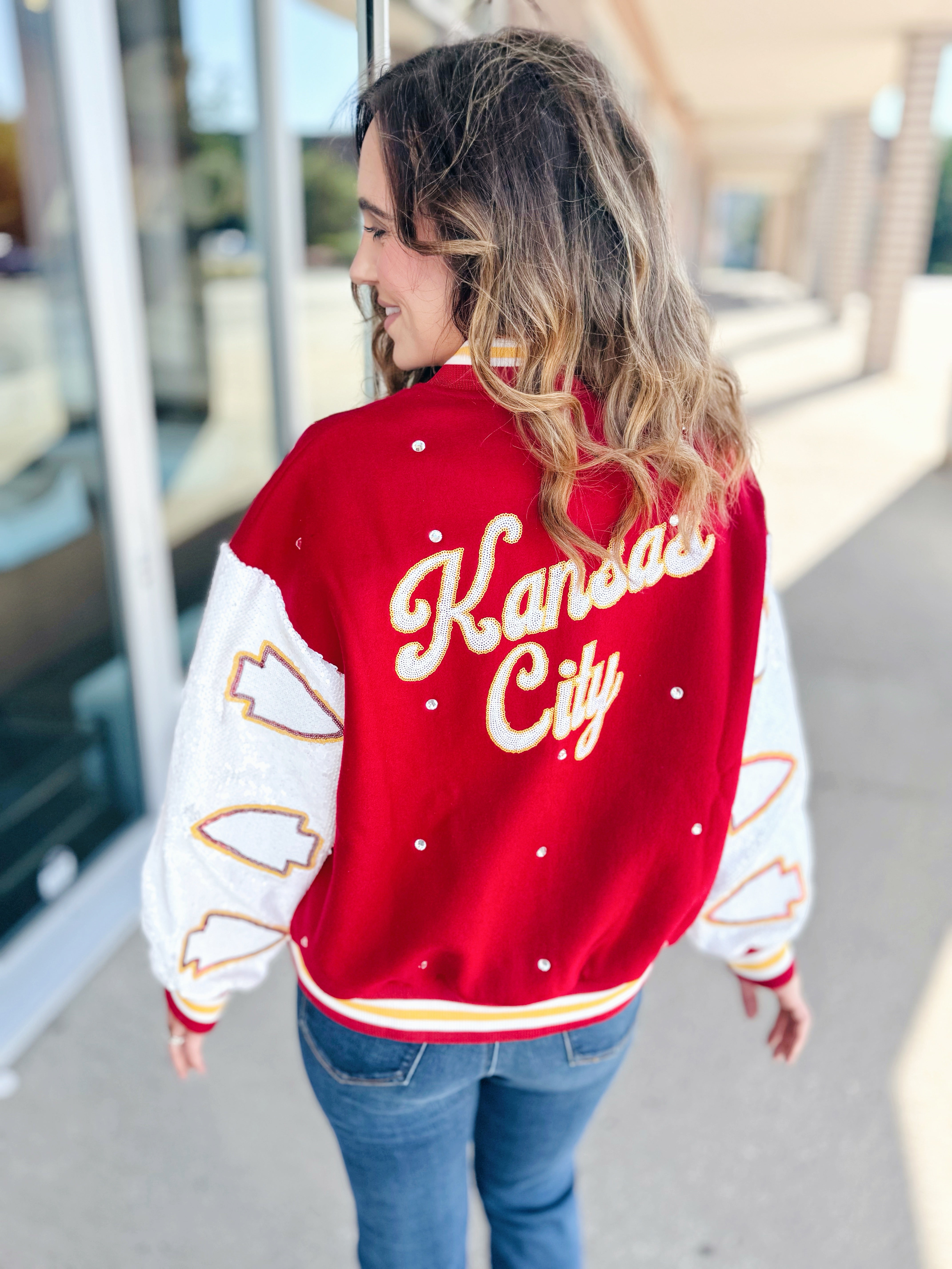 Queen of Sparkles x Amelia's Boutique Kansas City Varsity Bomber Jacket