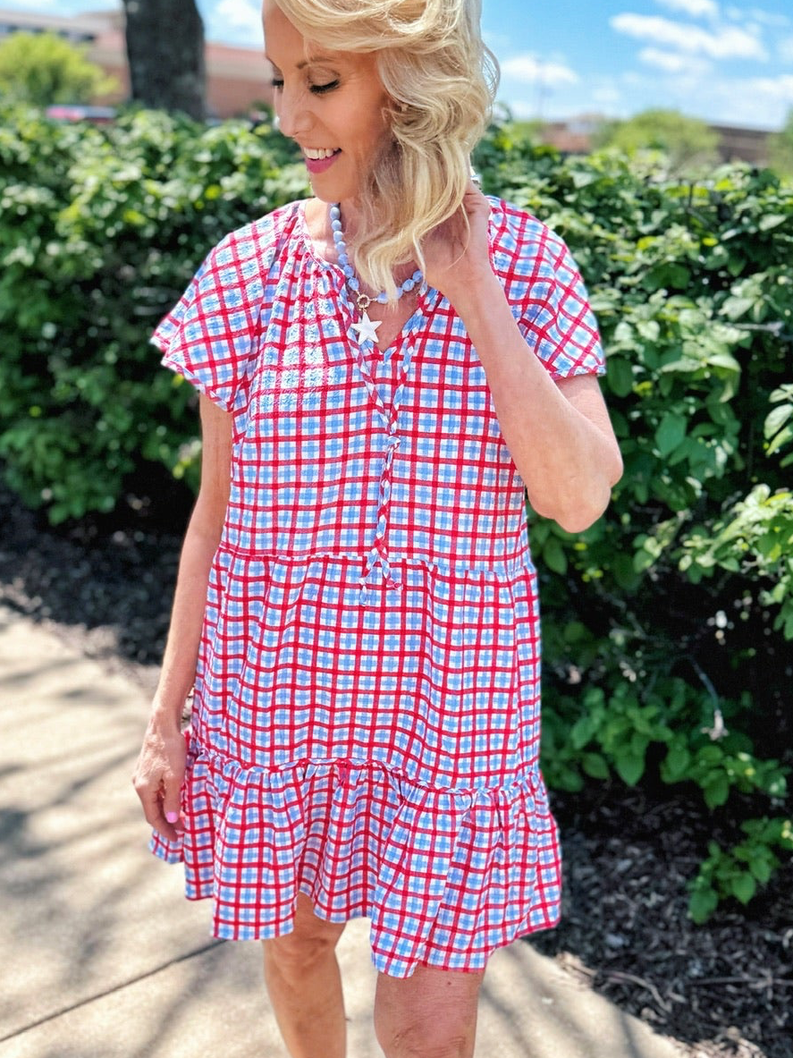 Women’s Gingham Dress in Blue and Red - Amelia's Boutique