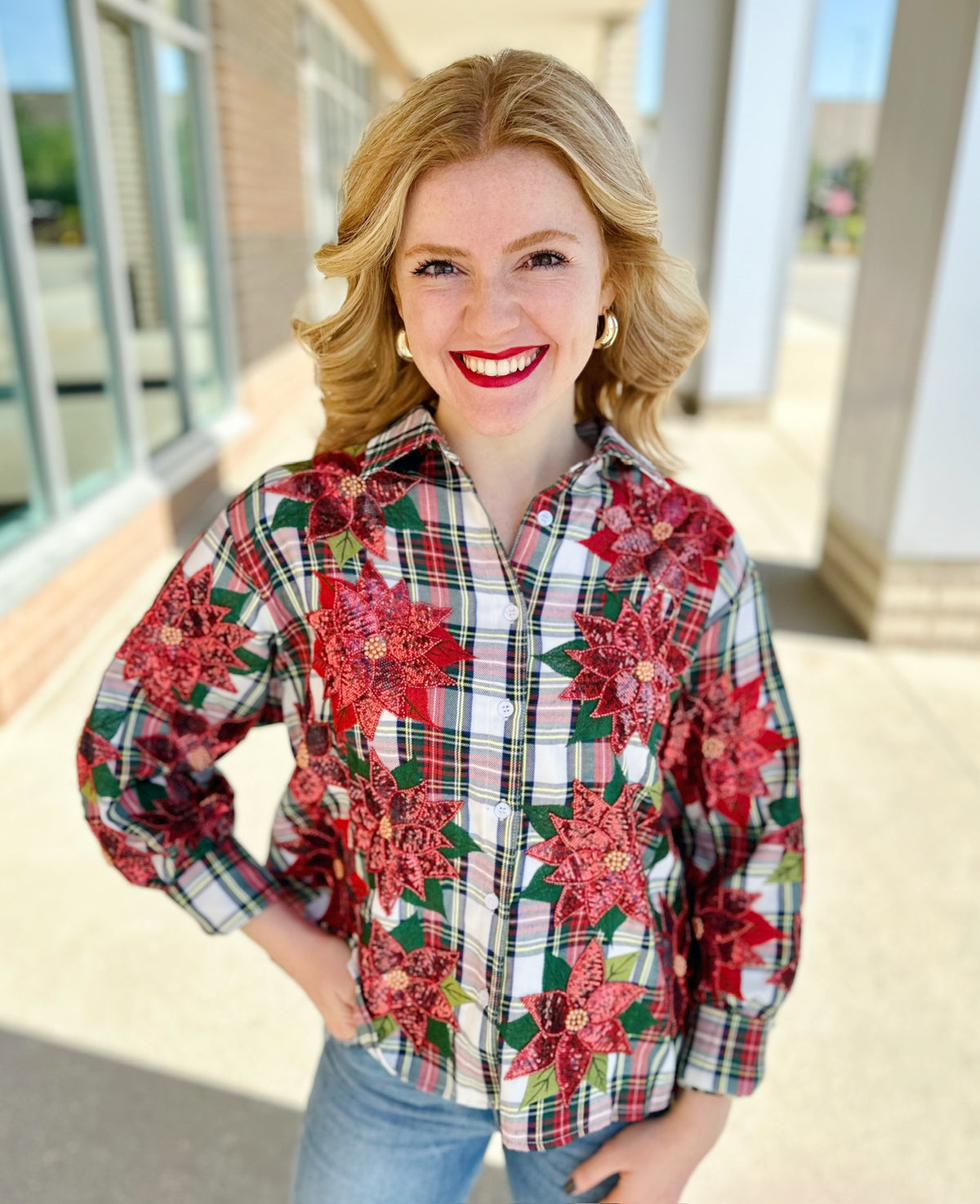 Queen of Sparkles Holiday Plaid and Poinsettia Button Up - Amelia's Boutique