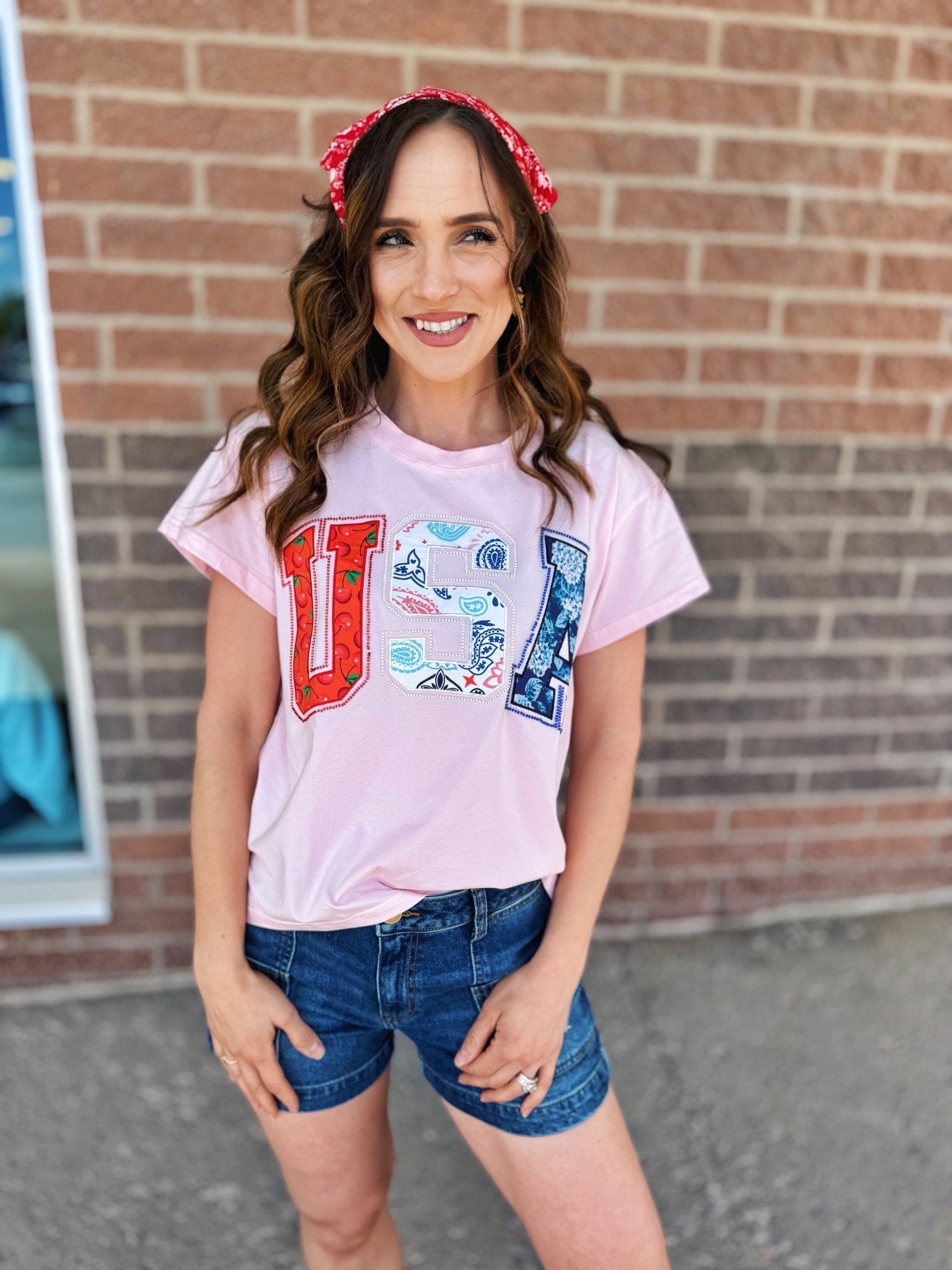 Queen of Sparkles USA Bandana Pink Women’s Tee - Amelia's Boutique