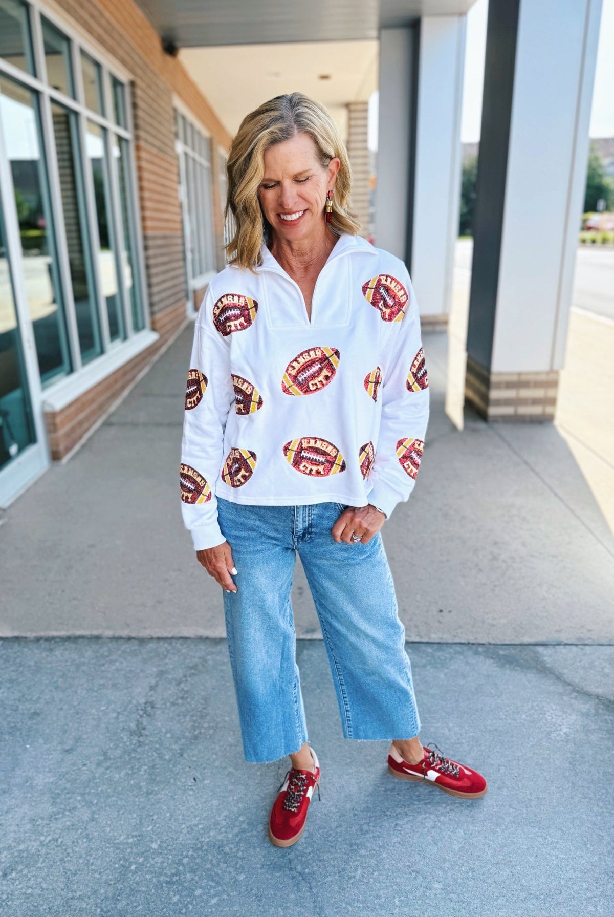 Scattered Kansas City Football Collared V Neck Sweatshirt - Queen of Sparkles x Amelia's Collab - Amelia's Boutique
