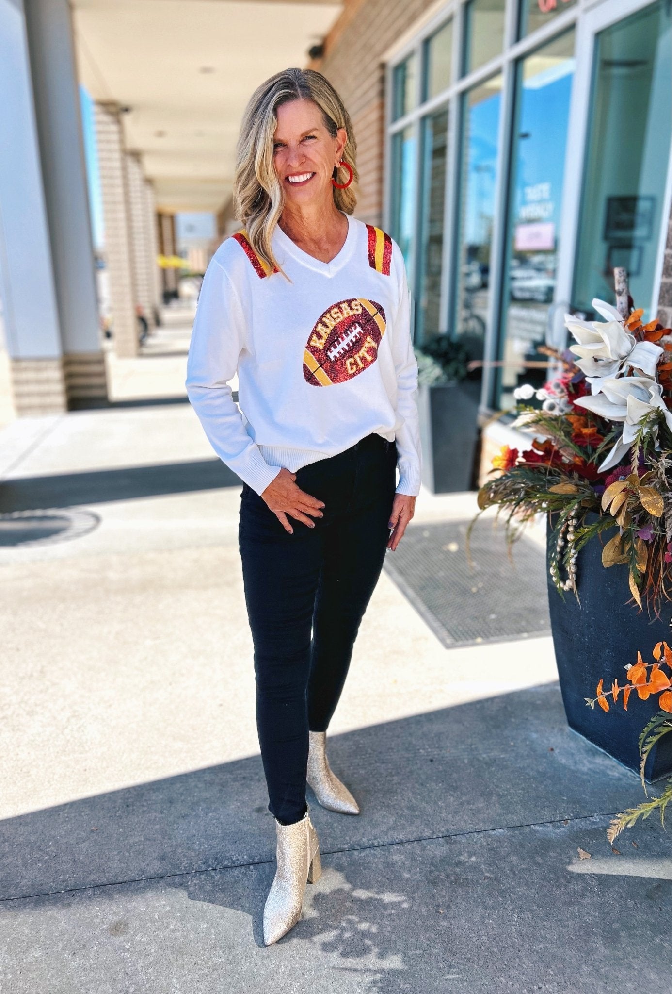 Kansas City Football V Neck Sweater - Queen of Sparkles x Amelia's Collab - Amelia's Boutique