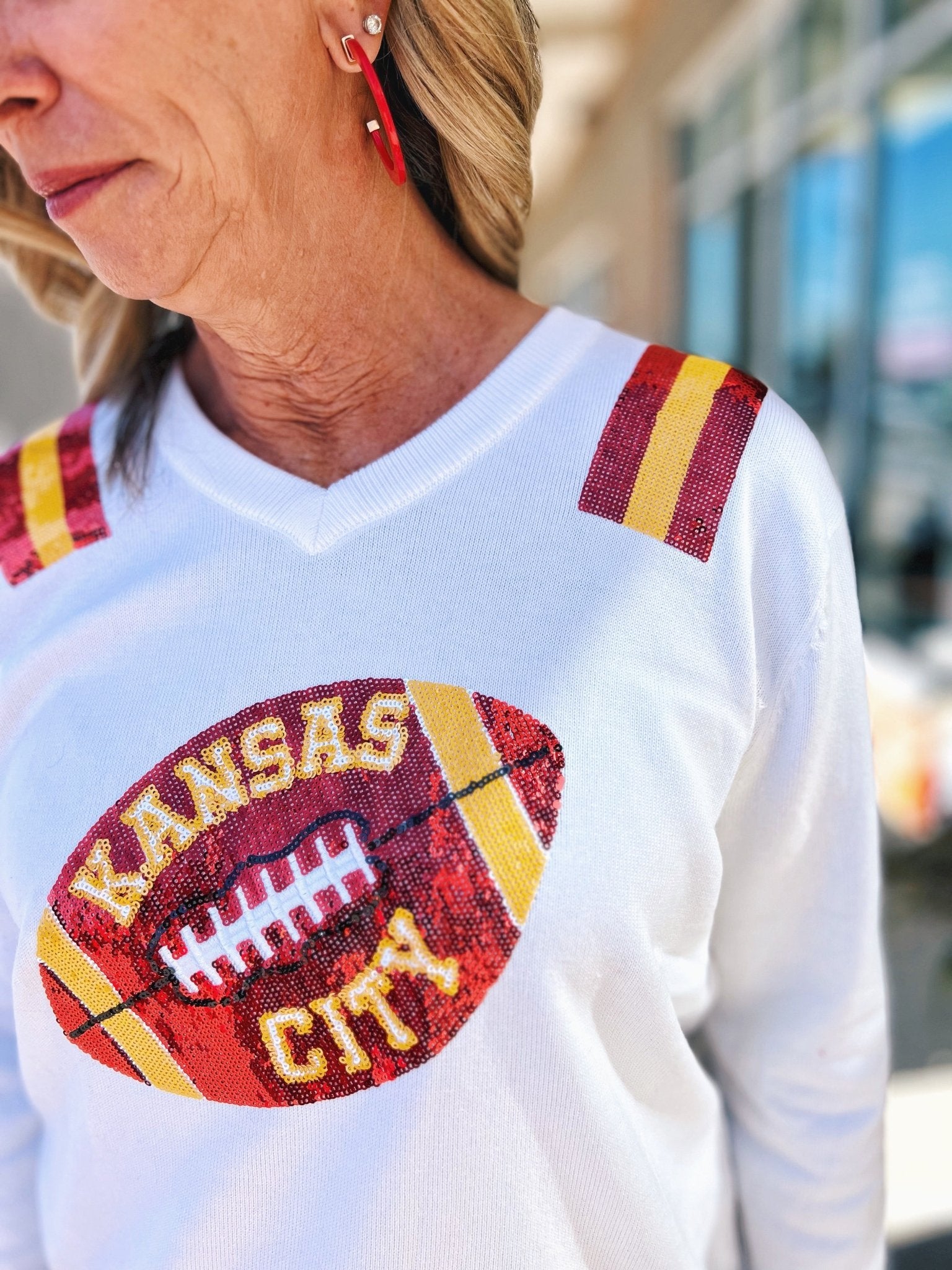 Kansas City Football V Neck Sweater - Queen of Sparkles x Amelia's Collab - Amelia's Boutique