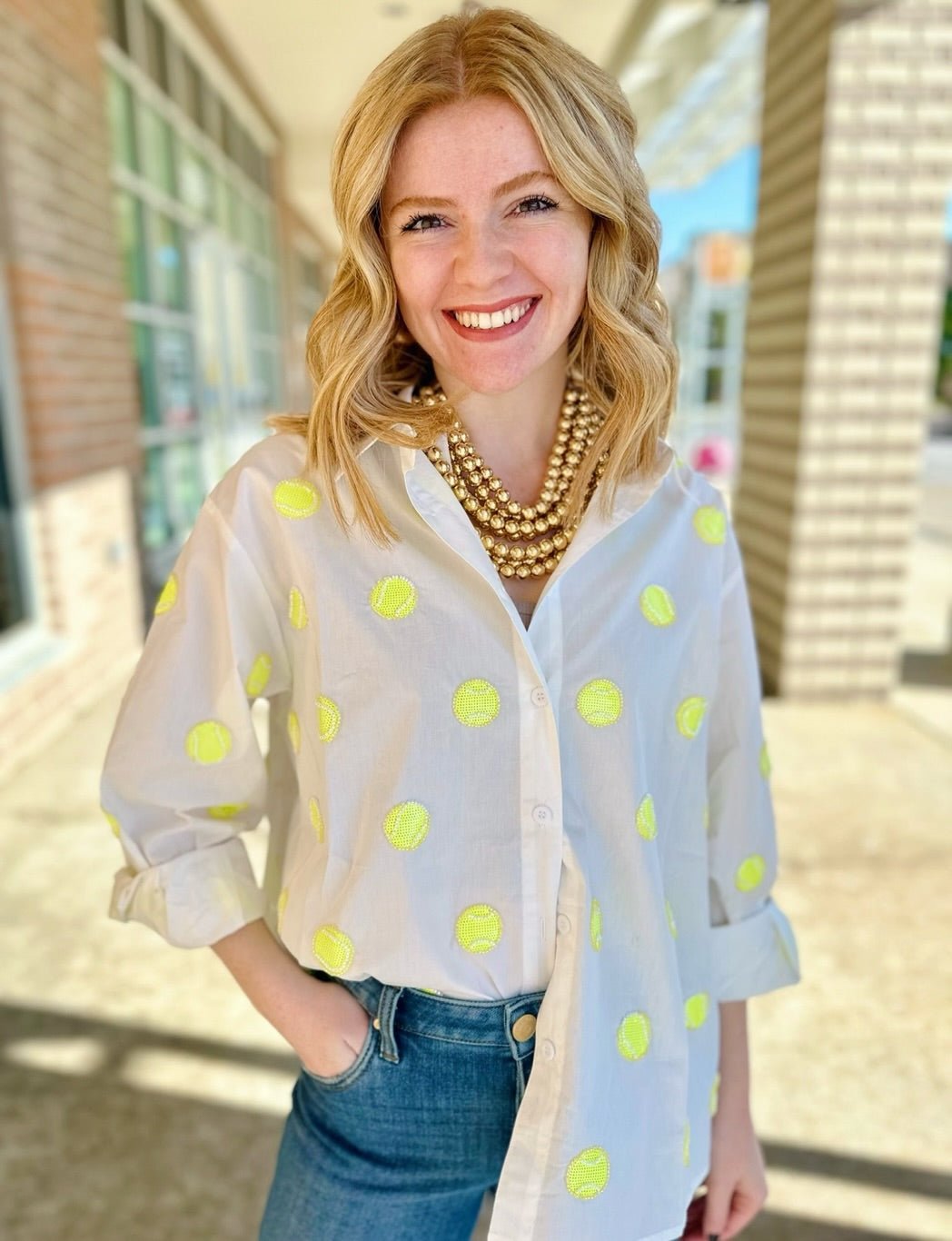 Queen of Sparkles Tennis Button Up Blouse - Amelia's Boutique