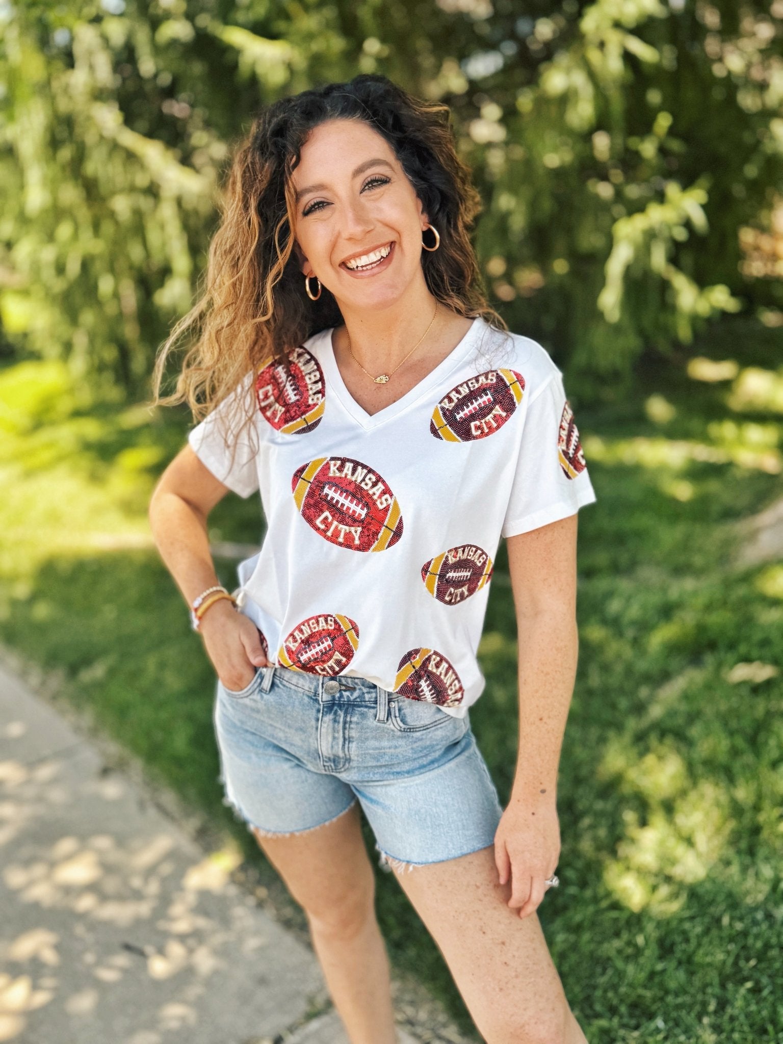 KC Scatter Football V Neck Tee - Queen of Sparkles x Amelia's Collab - Amelia's Boutique