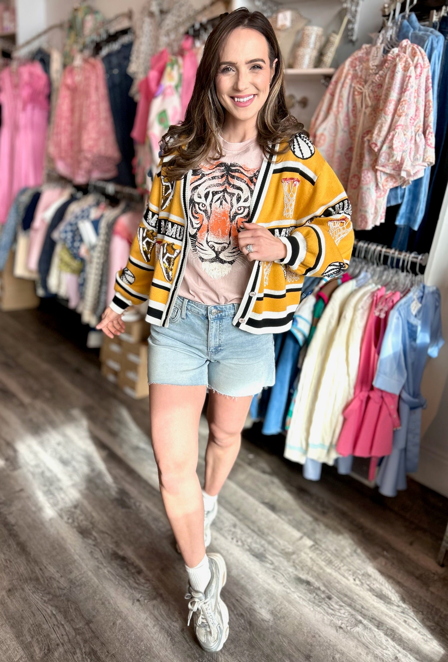 Queen of Sparkles Mizzou Licensed Basketball Cardigan in Gold