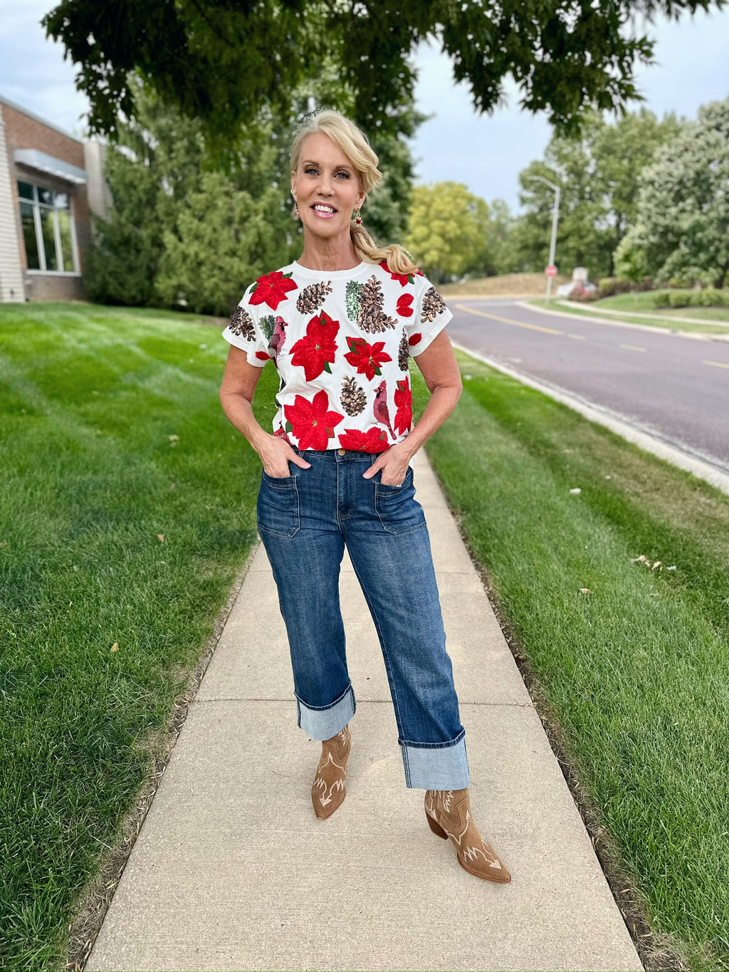 Queen of Sparkles Poinsettia and Pine Cone Tee