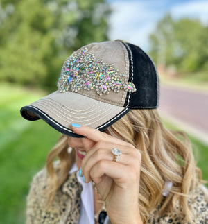Jeweled Two-Tone Hat in Grey