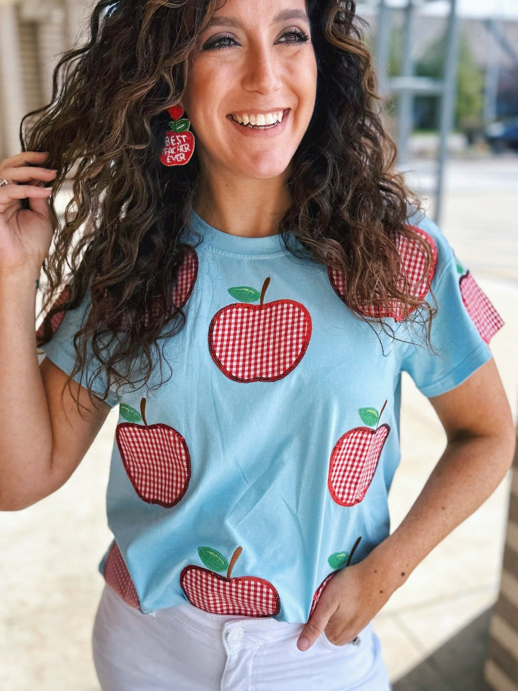 Queen of Sparkles Gingham Apple Women's Tee in Baby Blue