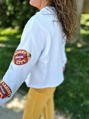 Scattered Kansas City Football Collared V Neck Sweatshirt - Queen of Sparkles x Amelia's Collab