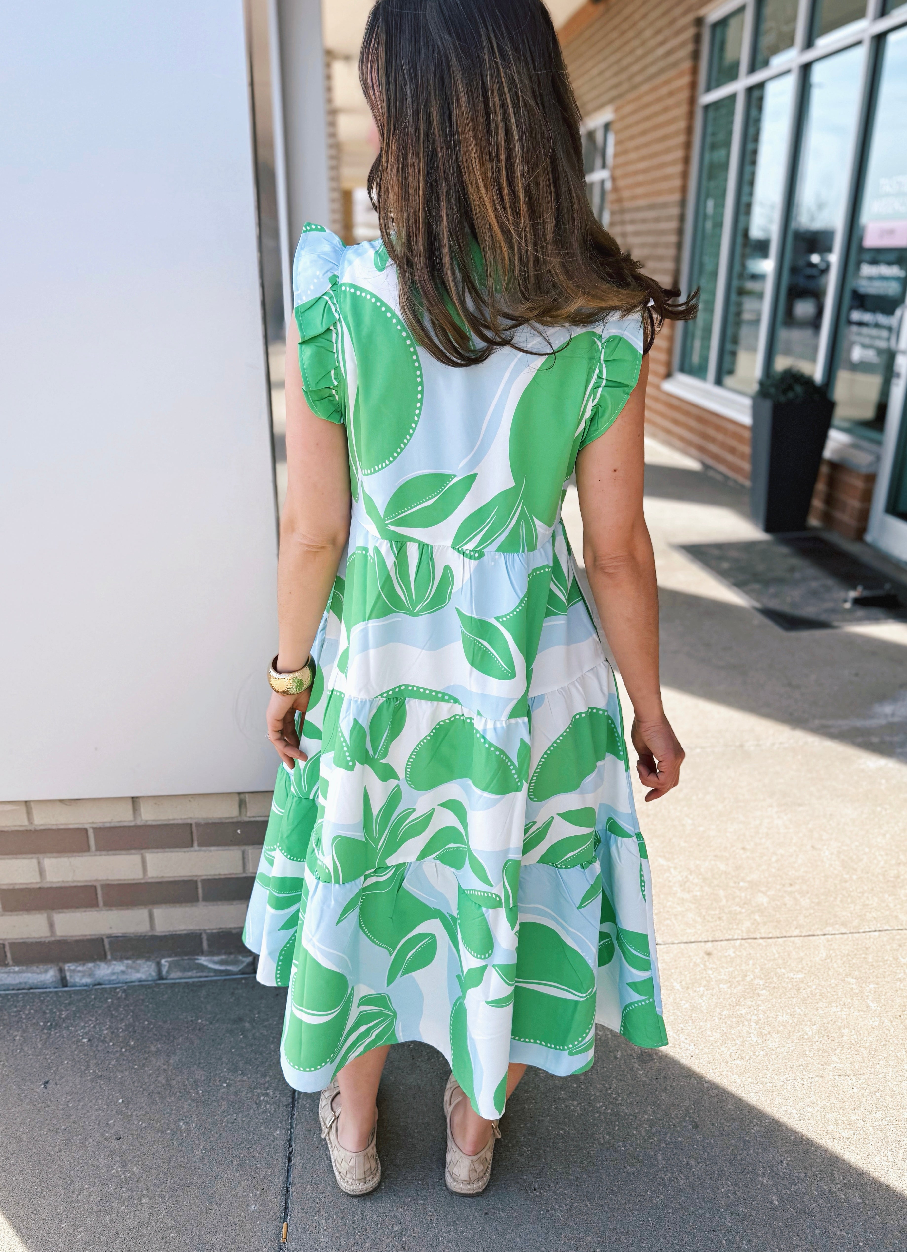 Leaf Print Midi Women’s Dress with Ruffle Sleeve