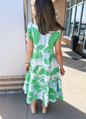 Leaf Print Midi Women’s Dress with Ruffle Sleeve