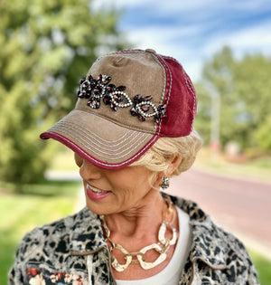 Jeweled Two-Tone Hat in Burgundy/Taupe