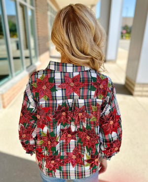 Queen of Sparkles Holiday Plaid and Poinsettia Button Up