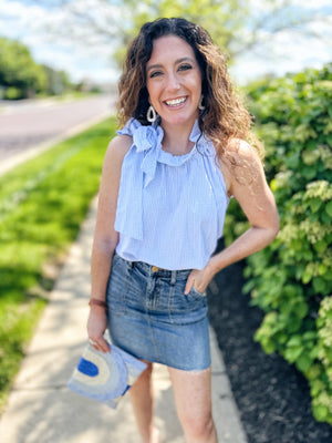 Blue Pinstripe Tie Neck Top