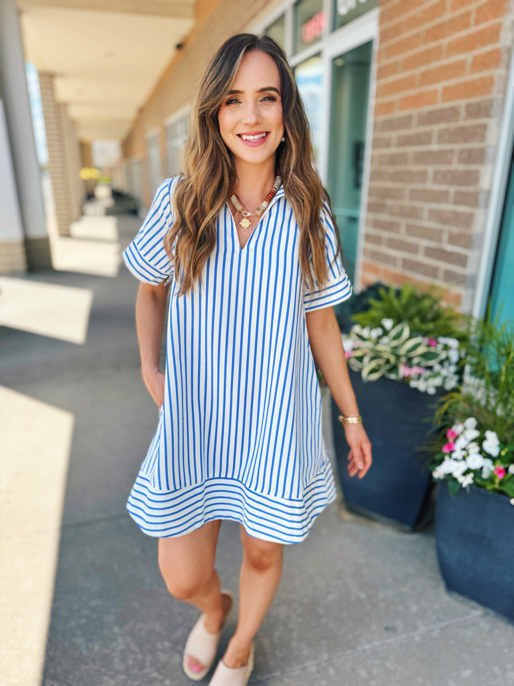 Collared Stripe Pop On Dress