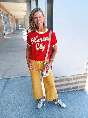 Retro Kansas City Script Tee w/Sport Stripe - Queen of Sparkles X Amelia's Boutique