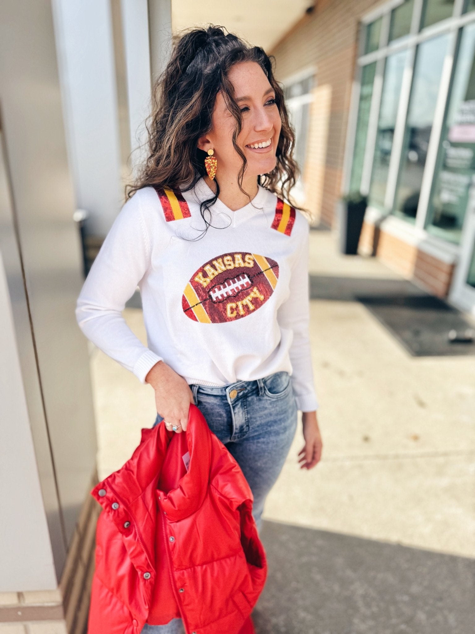Kansas City Football V Neck Sweater - Queen of Sparkles x Amelia's Collab - Amelia's Boutique