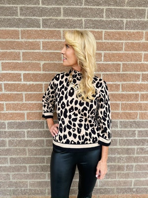 Animal Print Mockneck 3/4 Sleeve Sweater